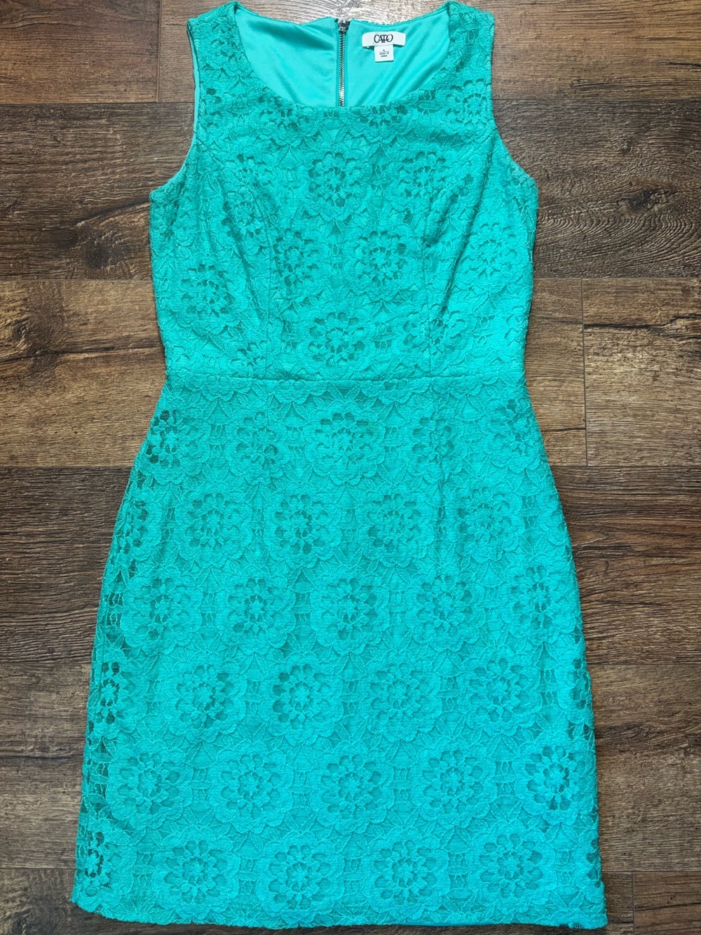 Cato Womens Size 6 Teal Lace Sheath Dress Sleeveless Floral Overlay Knee Length